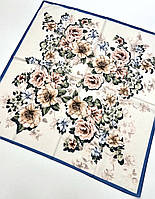 Стильный весенний натуральный платок с цветочным принтом. Турецкий молодежный хлопковый платок Молочно - Синий