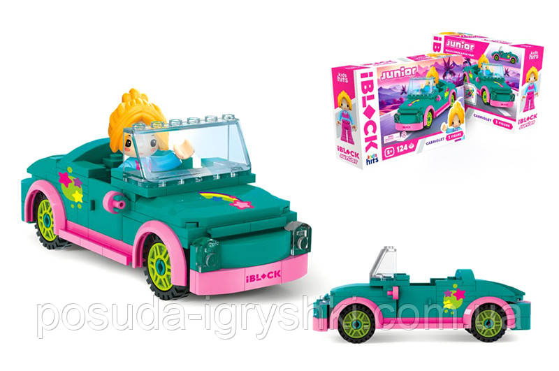 Конструктор Kids hits IBLOCK JUNIOR KH08/012/02, Дівчатка, Кабріолет,124 деталі, комплектація фігурками, наліпки, в коробці 24*16*