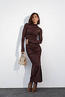 Вечернее платье с драпировкой и вставкой из сетки - коричневый цвет, S (есть размеры) hd