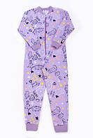 Пижама комбинезон для девочки / футер с начесом 98, бледно-фиолетовый-кот