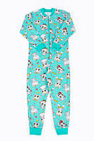 Пижама комбинезон для девочки / футер с начесом 98, яркий ментол-коты