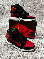 Удобные мужские кроссовки Nike air jordan 1 high кожа, легкие высокие кожаные джорданы черно красного цвета