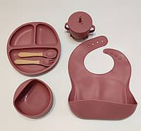Набор силиконовой посуды для прикорма детей на присоске - 6 предметов (Бордовый)