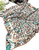 Стильный весенний натуральный платок с цветочным принтом. Женский натуральный турецкий батистовый платок Коричнево - Бирюзовый