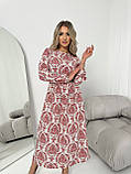 Плаття міді із шовкового софту з довгим рукавом принт червоний орнамент, фото 4