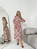 Плаття міді із шовкового софту з довгим рукавом принт червоний орнамент, фото 2