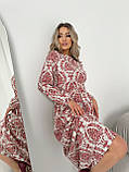 Плаття міді із шовкового софту з довгим рукавом принт червоний орнамент, фото 3