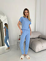 Женская трикотажная пижама комплект для дома в рубчик тройка 42-48 шорты футболка брюки Блакитний, 42/44