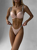 Комплект женского белья Victoria's Secret с стразами - бюстгальтер и трусики. M, Нежно-розовый