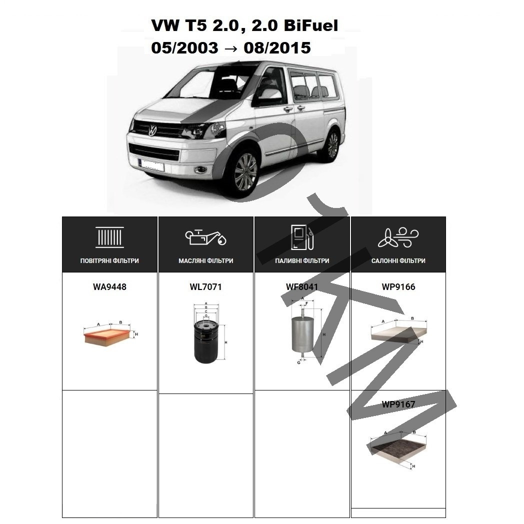 Комплект фільтрів VW T5 2.0, 2.0 BiFuel (2003-2015) WIX