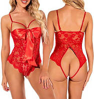 Сексуальное откровенное боди красного цвета с бантом на груди