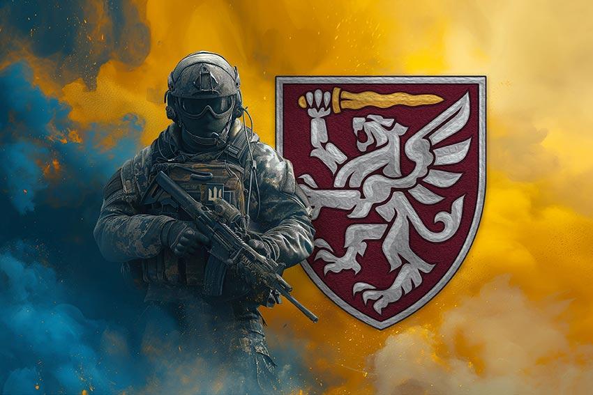 Прапор 80 ОДШБр ДШВ ЗСУ Воїн з гербом підрозділу