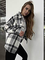 Модная женская клетчатая теплая байковая удлиненная рубашка кашемир в клетку весенняя в стиле оверсайз Графит,