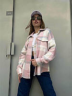 Модная женская клетчатая теплая байковая удлиненная рубашка кашемир в клетку весенняя в стиле оверсайз OS 42/46, Пудра