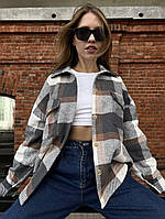 Модная женская клетчатая теплая байковая удлиненная рубашка кашемир в клетку весенняя в стиле оверсайз OS 48/52, Серый
