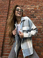 Модна жіноча картата тепла байкова подовжена сорочка кашемір в клітку весняна в стилі оверсайз OS 42/46, Блакитний