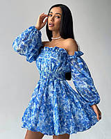 Красивое нежное женское легкое воздушное приталенное мини платье цветочный софт с длинным рукавом Голубой,