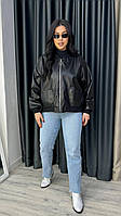 Жіноча модна демісезонна шкіряна куртка бомбер коротка еко шкіра на замші великі розміри батал OS 58/62, Чорний