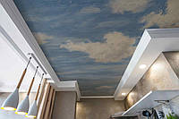 Обои Небо с Облаками на Стену и Потолок Голубые Фотообои с Акварельным Белым Облаком Нежный Винтажный Дизайн