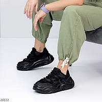 черные кожаные кроссовки + текстильная сетка на массивной толстой подошве и широких шнурках 36,37,39,40,41,38