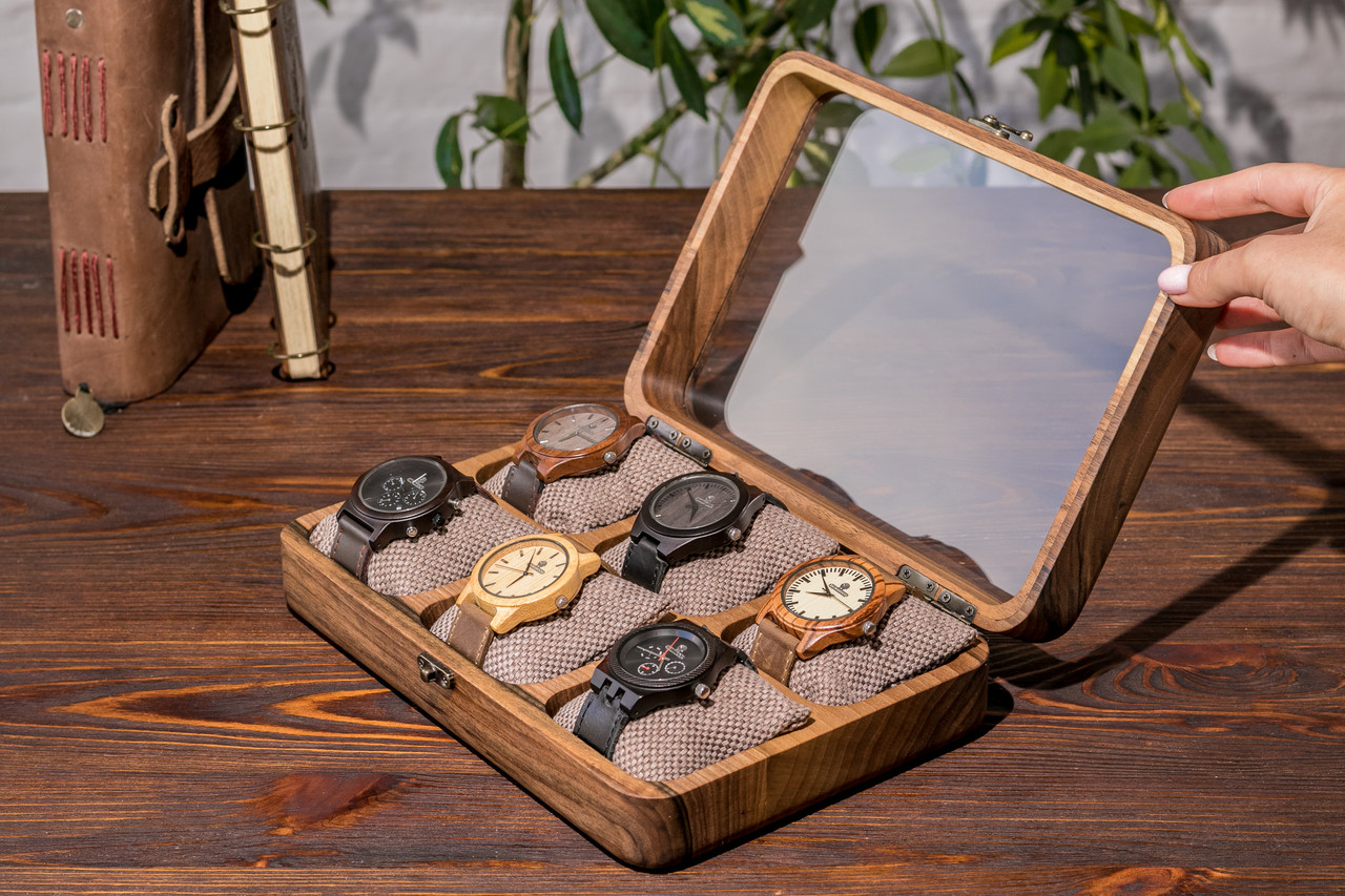 Коробка для наручного годинника з натурального дерева ручна робота на подарунок брату | Гравіювання на замовлення, фото 1