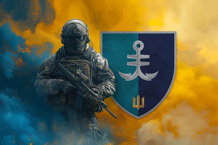 Прапор 35 ОБрМП імені Михайла Остроградського ВМС ЗСУ (лого 2) Воїн з гербом підрозділу