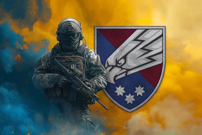 Прапор 25 ОПДБр Січеславської ДШВ ЗСУ Воїн з гербом підрозділу