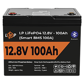 Акумулятор LP LiFePO4 12V (12,8V) - 100 Ah (1280Wh) (Smart BMS 100А) з BT пластик для ДБЖ