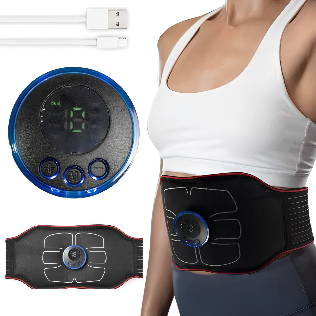 Електричний пояс-стимулятор для преса W24, від USB / Пояс міостимулятор з режимами / Масажер для м'язів, фото 1