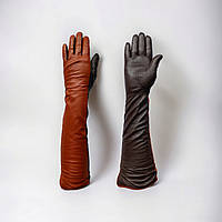 Рукавички шкіряні жіночі подовжені 44 см на вовняній підкладці темно-рижі з коричневим Kasablanka 1079_6,5