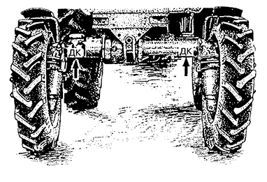 Рис. 1. Місця піддомкрачування трактора (вказано стрілками)
