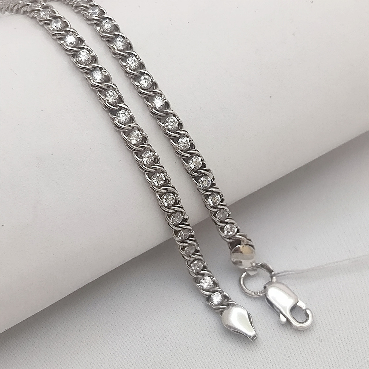 Срібний браслет 925 проби плетіння Арабський Бісмарк з фіанітами білого кольору.