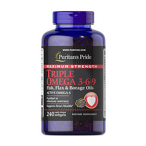 Омега 3 6 9 Puritan's Pride Maximum Strength Triple Omega 3-6-9 Fish, Flax & Borage Oils 240 softgels