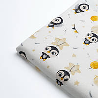 Лоскут фланели "Пингвины с крыльями и жёлтые шарики" на белом, размер 25*240 см