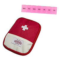 Комплект дорожная-карманная аптечка красная 13х18 см и органайзер для таблеток на 7 дней Розовый (NS)