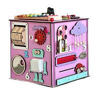 Бізікуб робот Монтессорі бізіборд для дівчаток дерев яний 30х30х30см від 10міс Рожевий
