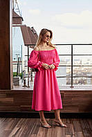 Женское легкое платье миди на резиночке креп жатка с закрытыми или с раскрытыми плечами розовый, 42/46