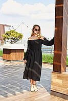 Женское легкое платье миди на резиночке креп жатка с закрытыми или с раскрытыми плечами 48/52, черный