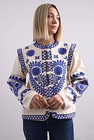 Женская вышиванка пиджак, молочного цвета с синей вышивкой