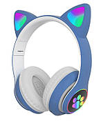Бездротові дитячі навушники Cat Ear STN-28 з котячими вушками що світяться Bluetooth Сині