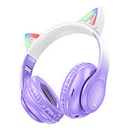 TU Беспроводные наушники Hoco W42 Cat Ear накладные с ушками и LED подсветкой purple grape