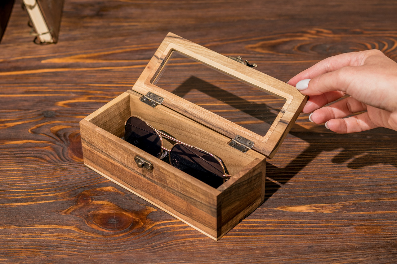 Футляр для окулярів ручної роботи із натурального дерева зі скляною кришкою | Гравіювання на замовлення, фото 1