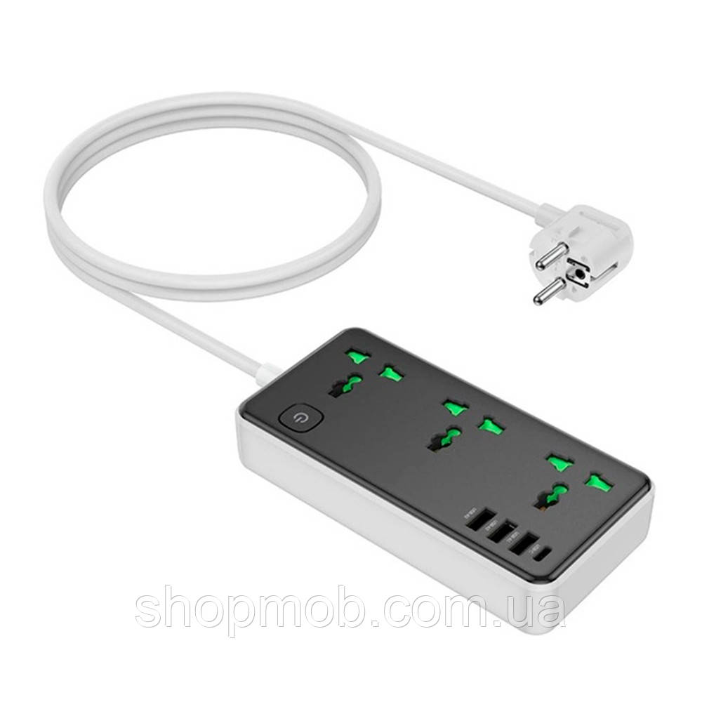 SM  SM Сетевой фильтр HOCO AC7A на 3 розетки + 3 USB+USB-C, 17W, 220В, кабель 1,5м, Black/White, Box