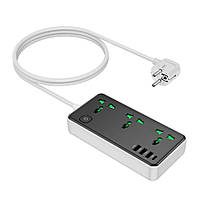 Мережевий фільтр HOCO AC7A на 3 розетки + 3 USB + USB-C, 17 W, 220 В, кабель 1,5 м, Black/White, Box