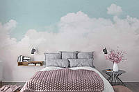 Обои Пастельное Небо с Облаками на Стену и Потолок Голубые Фотообои с Акварельным Белым Облаком Нежный Дизайн