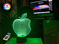3D ночник "Apple" + пульт ДУ + батарейки (3АА). 3D ночник для детей и взрослых. Ночник в спальню на пульте