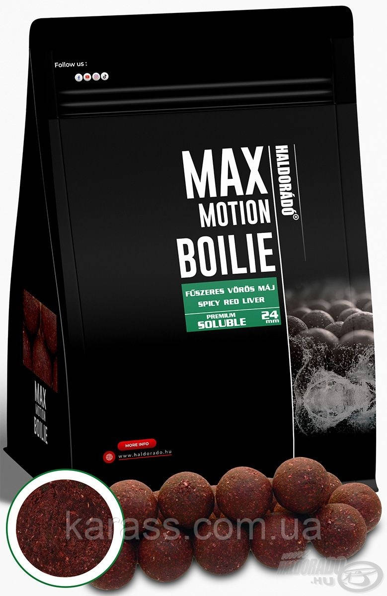 Бойли розчинні HALDORÁDÓ MAX MOTION Boilie Premium Soluble 24 mm Fűszeres Vörös Máj