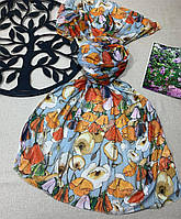 Женский весенний шарф палантин из натурального хлопка. Турецкий палантин с цветочным рисунком Голубо - Оранжевый