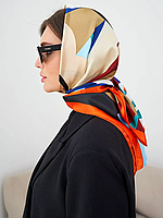 Жіноча хустка на голову бежева, синя, жовтий, помаранчевий платок, легкий шарф, шовкова хустка яскрава, квітчаста  бандана 90 см