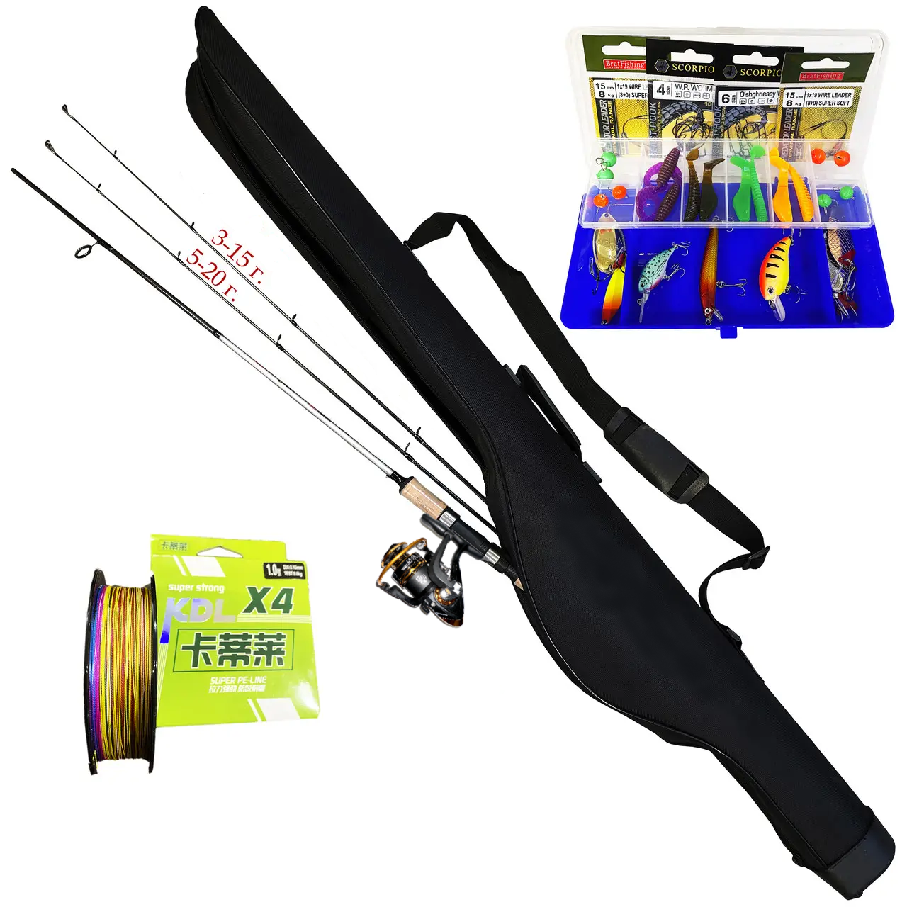 Спінінг (тест 3-15/5-20 гр.) 3 в 1 набір на щуку, судака, окуня + жорсткий чохол